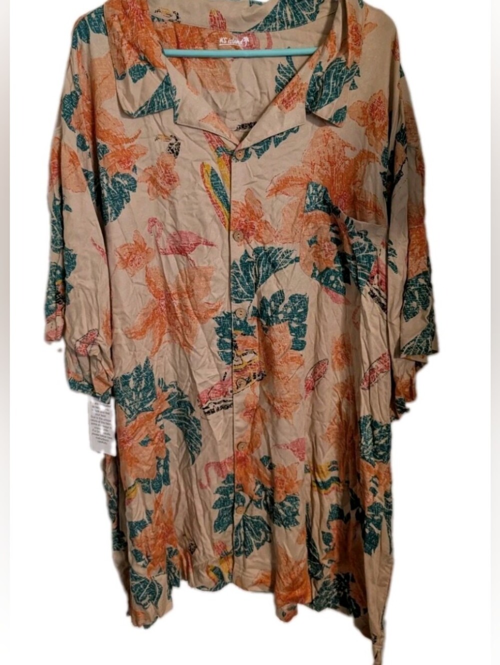 NWT KS Island Tropical Men's Casual Button Down Shirt 6XL Khaki Floral Orange